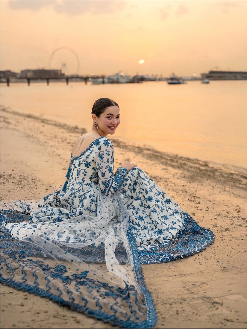 Elegant Blue & White Floral Maxi Dress with Sheer Dupatta brand Faiza saqlain - Picture 4 of 17
